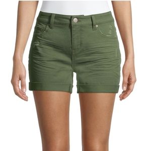 Time and Tru women's mid rise rolled cuff 4" denim shorts army olive amber green